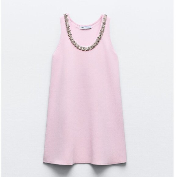 ZARA NEW WOMAN Jewel PLAIN KNIT MINI DRESS WITH Rhinestone PINK S L 5755/025 - Picture 5 of 12